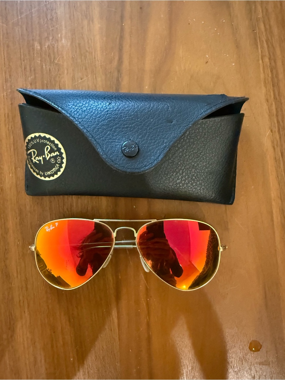 Ray-Ban Gold Frame Aviator Sunglasses with Red-Orange Mirrored Lenses